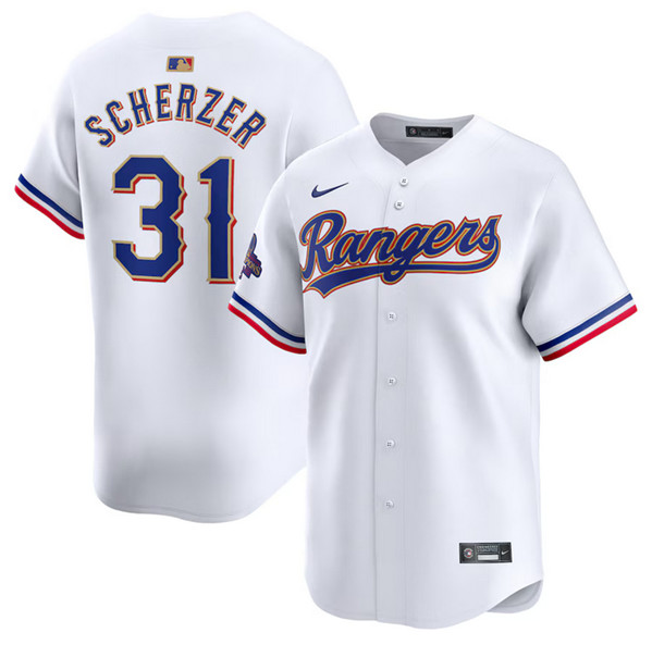 Men's Texas Rangers #31 Max Scherzer White 2024 Gold Collection Cool Base Stitched Baseball Jersey Men's Texas Rangers #31 Max Scherzer White 2024 Gold Collection Cool Base Stitched Baseball Jersey